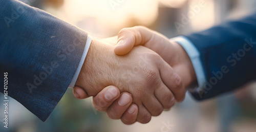 Businessmen shaking hands during a meeting in a modern office, symbolizing a successful partnership and agreement, with a feeling of trust and collaboration.