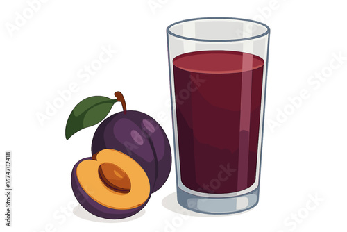 Fresh plum juice in a glass with whole and sliced plum glass of plum juice