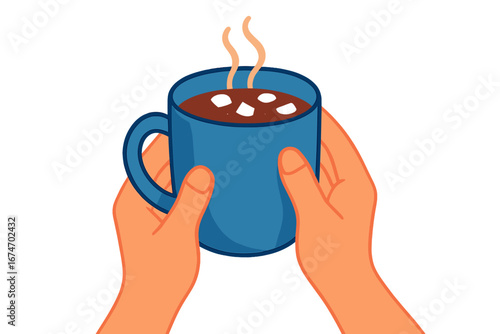 Warm cup of hot chocolate held by hands with marshmallows hands holding hot cocoa