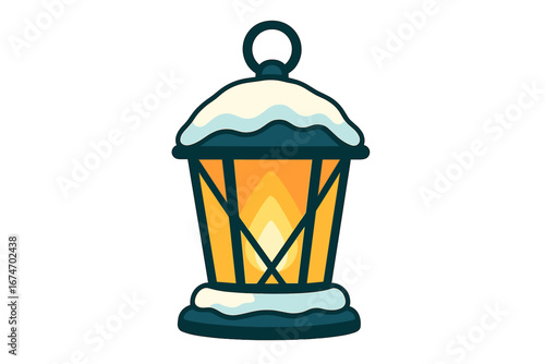 Classic lantern with snow on top glowing warmly in winter snow-covered lantern