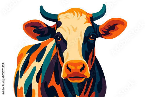 Colorful artistic illustration of a cow with vibrant patterns  dairy cow close-up