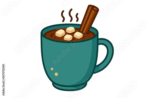 Hot chocolate with marshmallows and cinnamon stick in teal mug hot cocoa mug with cinnamon