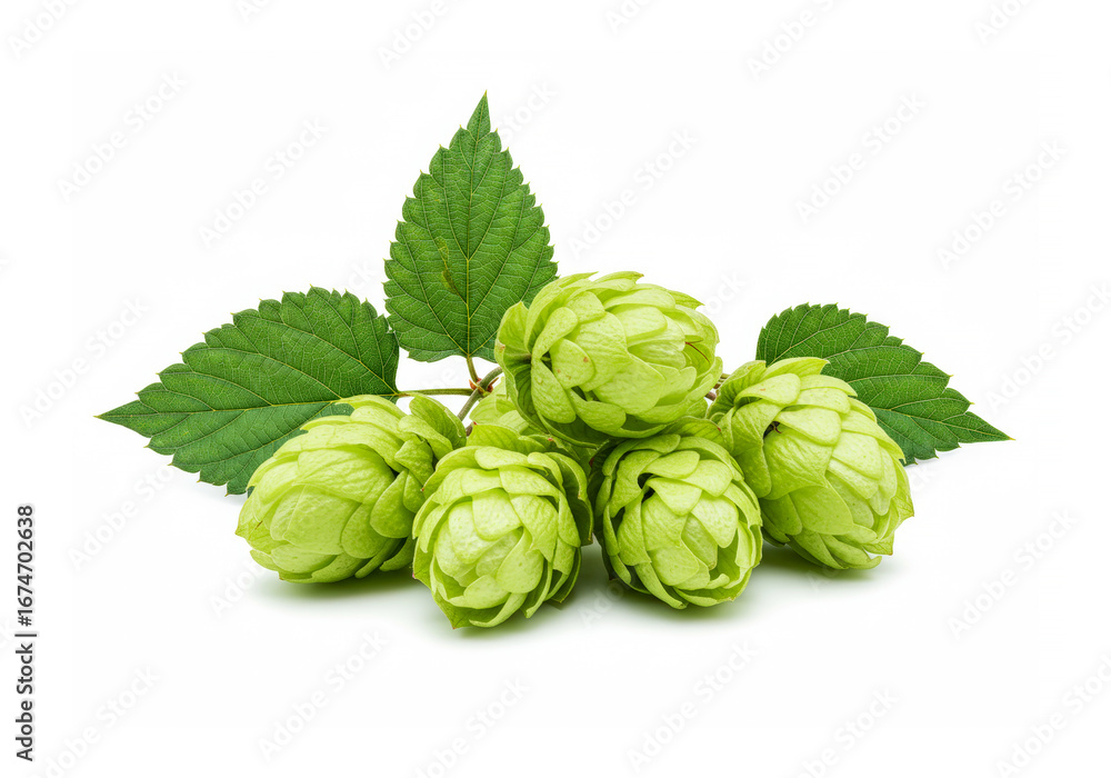 Fototapeta premium Green hop cones and leaves isolated on white background