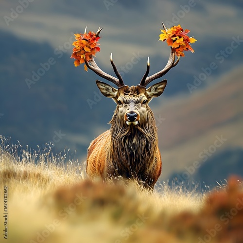 Majestic Red Deer Stag with Autumn Leaves Antlers