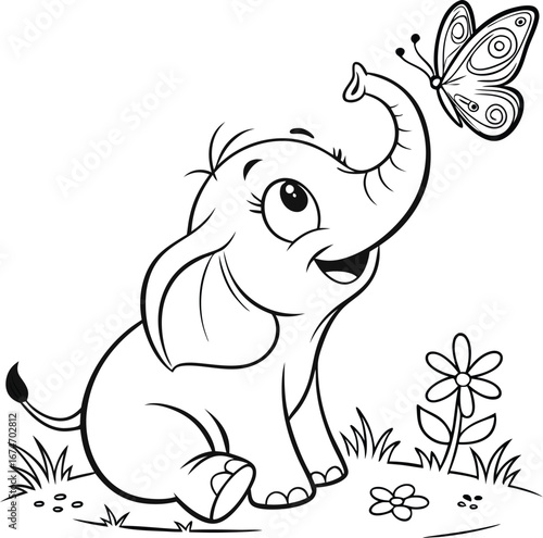 Cute Cartoon Baby Elephant with Butterfly Vector Illustration for Kids Coloring Book or Educational Material featuring happy animals and playful insects
