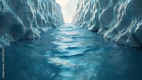 A tranquil waterway flows between textured ice formations, creating a serene and captivating scene.