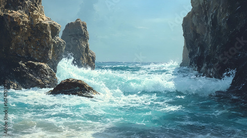 Ocean's Embrace: Coastal rocks, crashing waves, clear water under a blue sky creates a beautiful and serene seascape. 