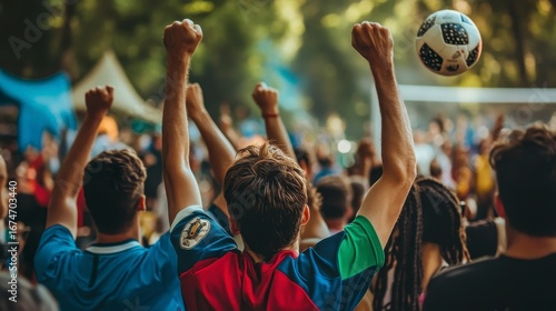 Excited fans celebrating a soccer goal, arms raised in the air.
