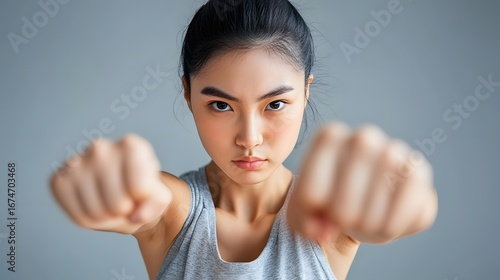 Determined Woman Ready to Fight, Close Up Portrait, Powerful Female Athlete,  Strong Fists