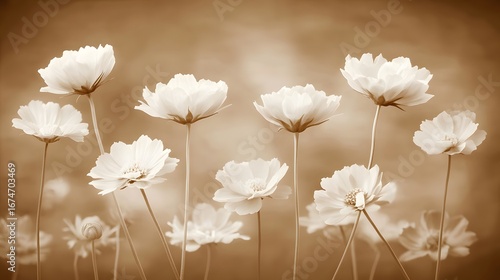 Elegant Sepia Cosmos Flowers Blooming in Field