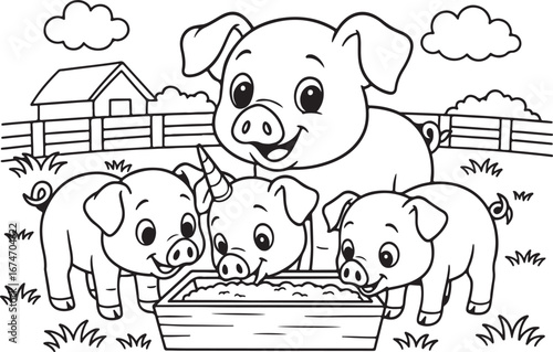 Cute Cartoon Pig Family Eating with One Wearing a Unicorn Horn on the Farm with Fence Barn and Clouds Coloring Page for Kids