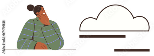 Person with hand on chin sitting beside a stylized cloud shape. Ideal for creativity, brainstorming, cloud computing, imagination, decision-making, tech innovation, simple flat metaphor