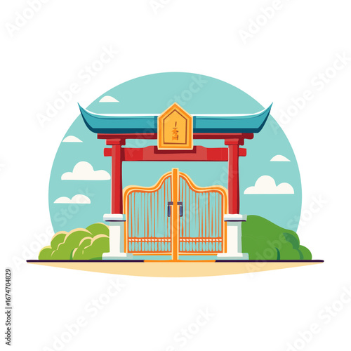 Traditional Asian inspired gate illustration with vibrant red pillars blue roof and closed doors