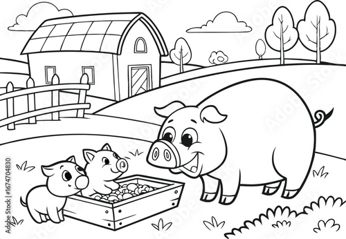 Cute Cartoon Pig Family on the Farm with Barn and Rolling Hills Coloring Page for Kids Illustration Lovely Mother Pig Watching Her Piglets Eat Food