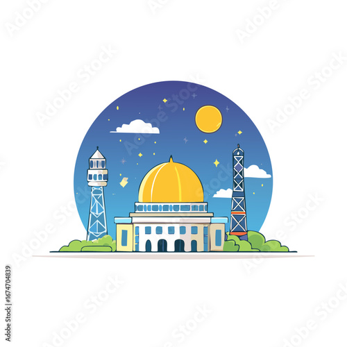 Illustration of a mosque with towers under a night sky with a bright sun and stars