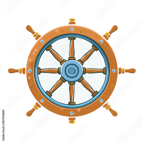 Cartoon style vintage steering wheel with wooden handles isolated on a blank background