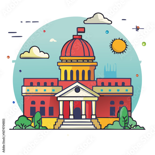 Illustration of a stylized government building with a dome, flag, and trees under a blue sky.