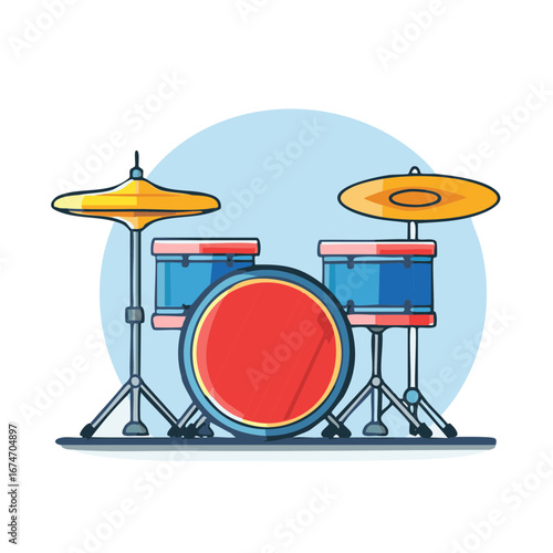 Modern Vector Illustration of a Complete Drum Set with Bass Drum and Cymbals