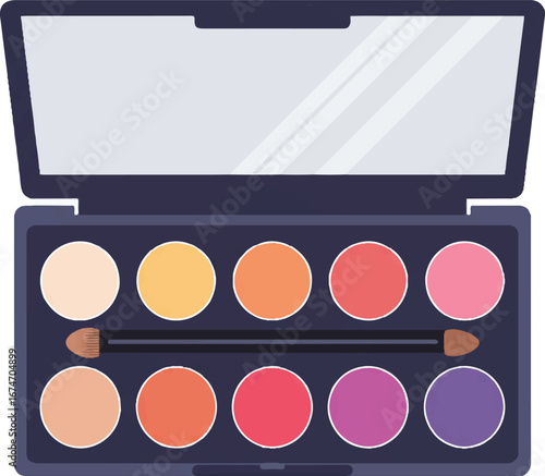 Cosmetic eyeshadow palette perfect for makeup enthusiasts includes mirror and applicator brush for precise application and touchups.