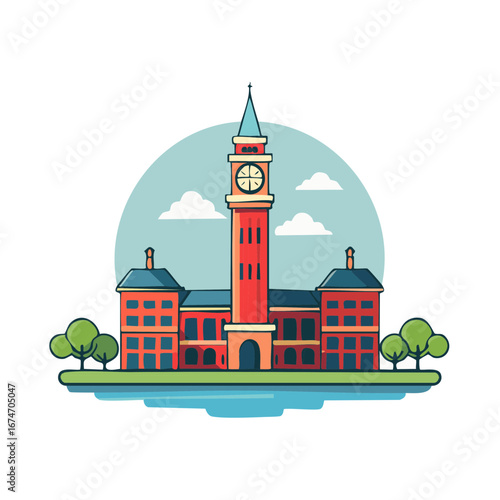 Illustration of a clock tower building with trees and stylized clouds against a blue sky