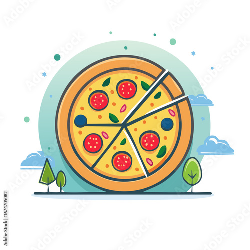 Delicious cartoon pizza illustration with pepperoni olives and basil slices removed