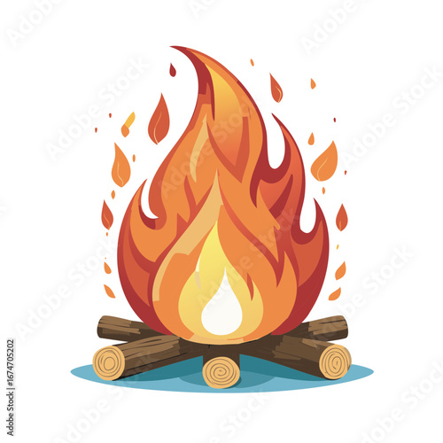 Colorful Campfire Illustration with Burning Logs and Flickering Flames