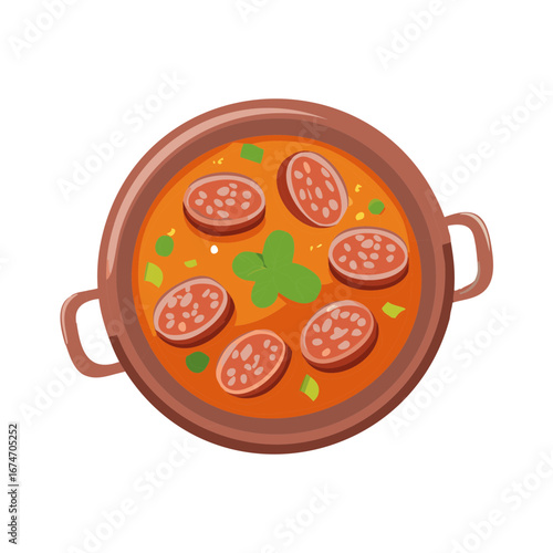 Savory stew with sausage slices and basil in a brown cooking pot, top view