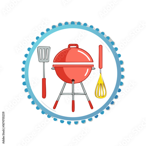 Red charcoal grill with spatula and whisk in decorative circle for backyard cooking and outdoor summer fun