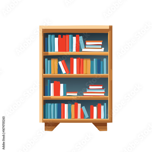 Bookshelf graphic illustration with various colorful books arranged on its shelves for a library or a home reading room