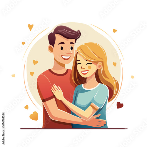 Cartoon Couple in Love Embracing with Affectionate Hearts Romantic Relationship Scene Illustration