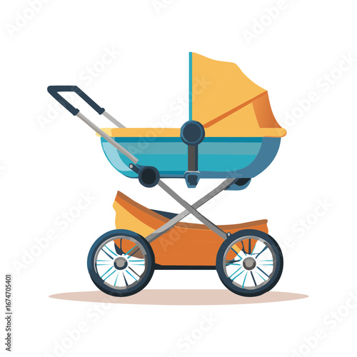 Colorful baby stroller illustration isolated. Modern design with blue, orange and yellow colors.