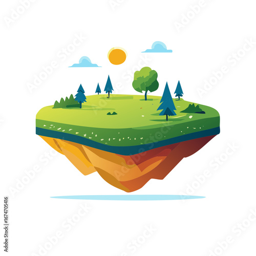 Fantasy floating island illustration with green trees and a cross section of earth layers