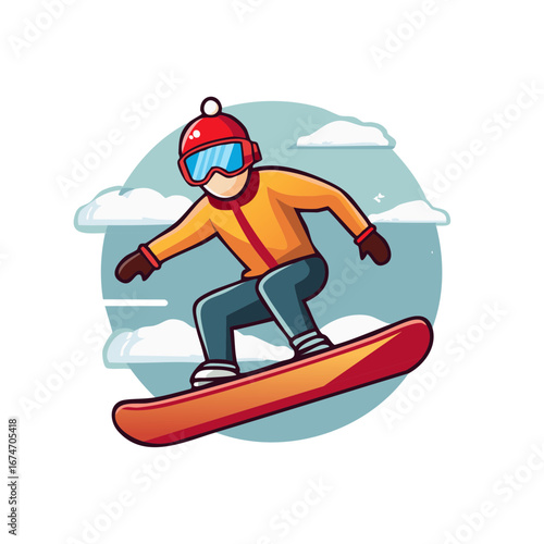 A dynamic cartoon illustration of a snowboarder in colorful winter gear actively riding a board on a snowy mountain