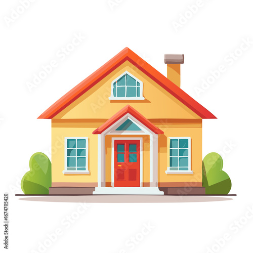Stylized Yellow House with Red Roof and Door, Chimney, Windows, Bushes, Vector Illustration