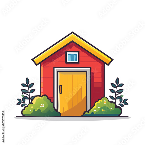Charming Red Shed with Yellow Trim and Shrubbery Cartoon Style Illustration