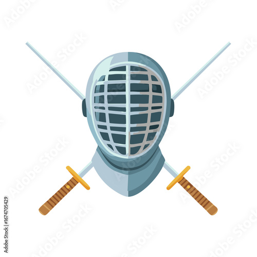 Fencing mask with crossed swords cartoon style drawing. Safety equipment for fencing athletes.