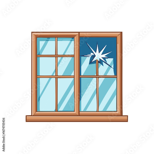 Cracked Window Pane in a Wooden Frame Depicting Damage and Repair Need Illustration
