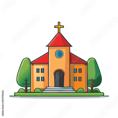 Church building illustration featuring a cross, arched entryway and trees