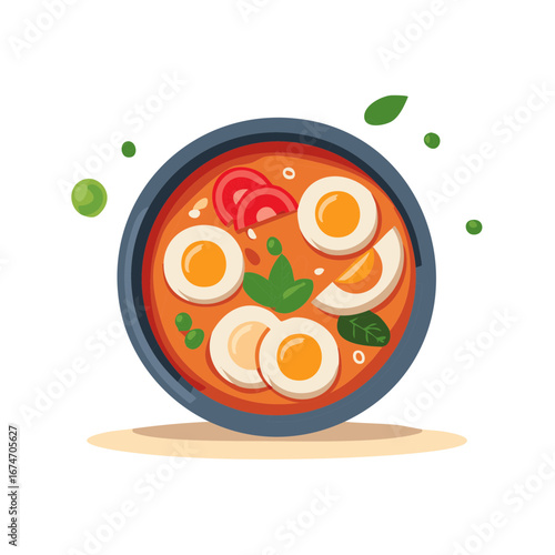 Bowl of Thai Food with Eggs and Tomatoes Served in a Soup Vector Illustration