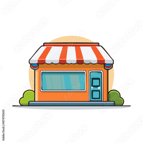 Vibrant cartoon small business storefront with striped awning