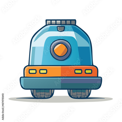 Stylized Blue Futuristic Vehicle, Cartoonish Robot Car with Wheels, Orange Detail, Rounded Body