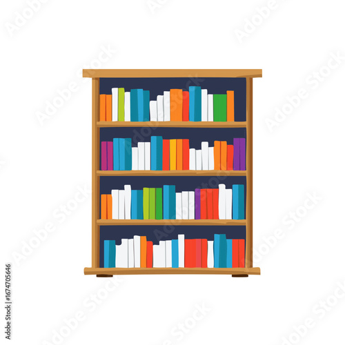 Colorful bookcase with books on the shelves. Simple vector illustration.