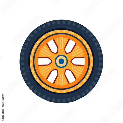 Stylized orange and blue automobile wheel with dark tire tread design isolated on white
