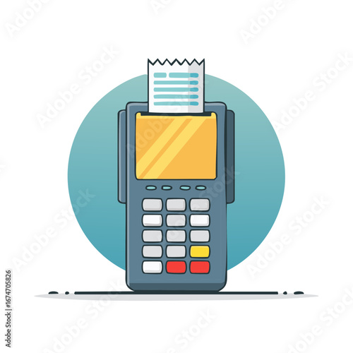 Point of sale terminal with yellow screen and buttons emitting a printed receipt for cashless transaction.