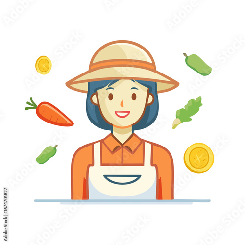 Smiling female gardener in a straw hat and apron surrounded by fresh healthy organic vegetables and gold coins