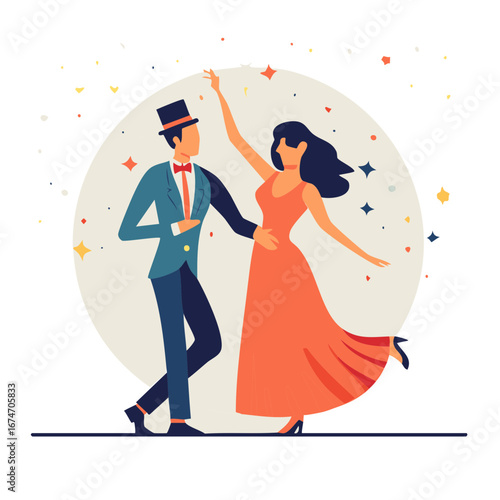 Stylish couple in formal wear dancing at a vibrant party with glittering confetti