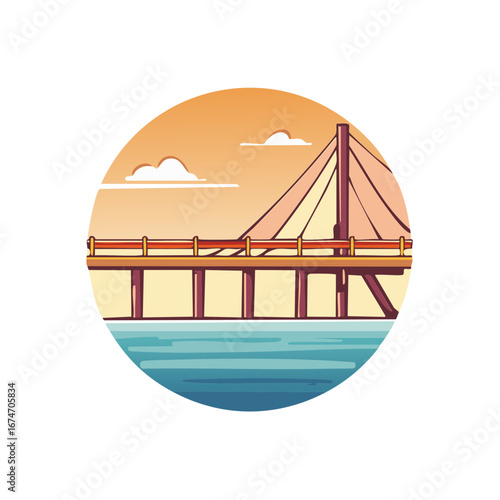 Suspension Bridge Illustration Sunset Sky over Water Modern Architecture Cityscape