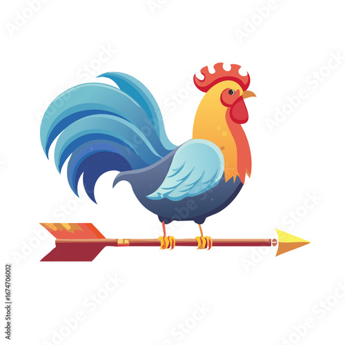 Proud and colorful cartoon rooster standing atop a golden weather vane arrow