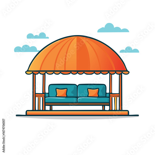Colorful cartoon gazebo with a comfortable sofa under an orange canopy for outdoor relaxation