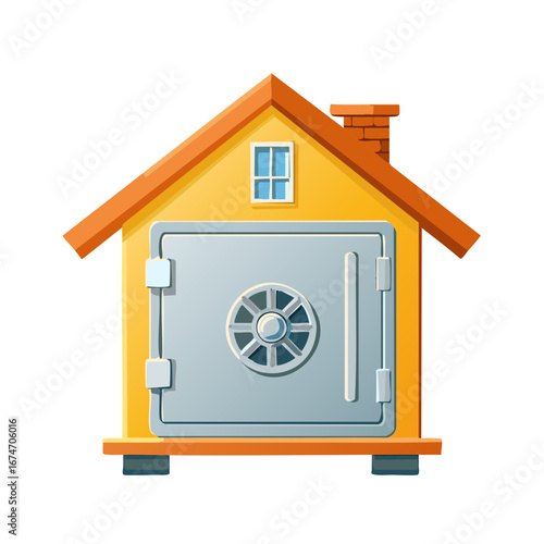 Stylized house with a security safe door and chimney representing home security and savings